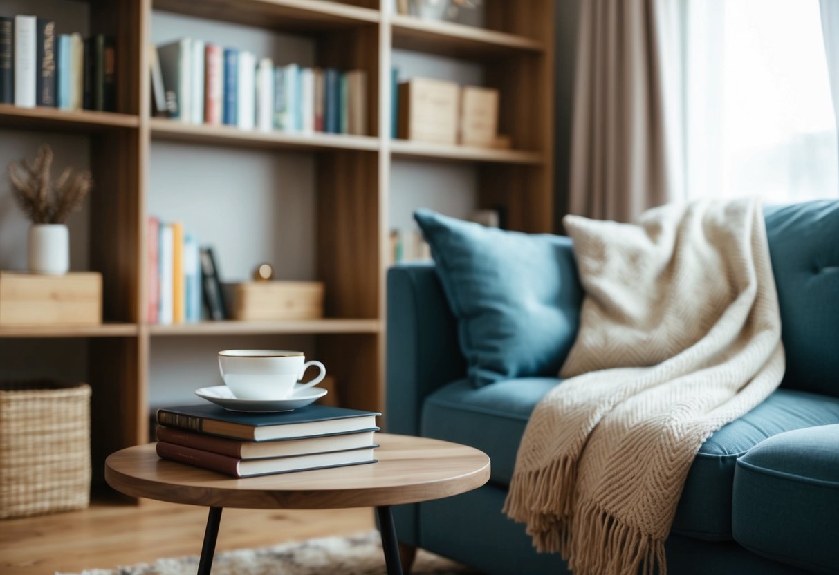 A cozy living room with a bookshelf, comfortable seating, and a warm blanket. A cup of tea sits on a side table next to a stack of books