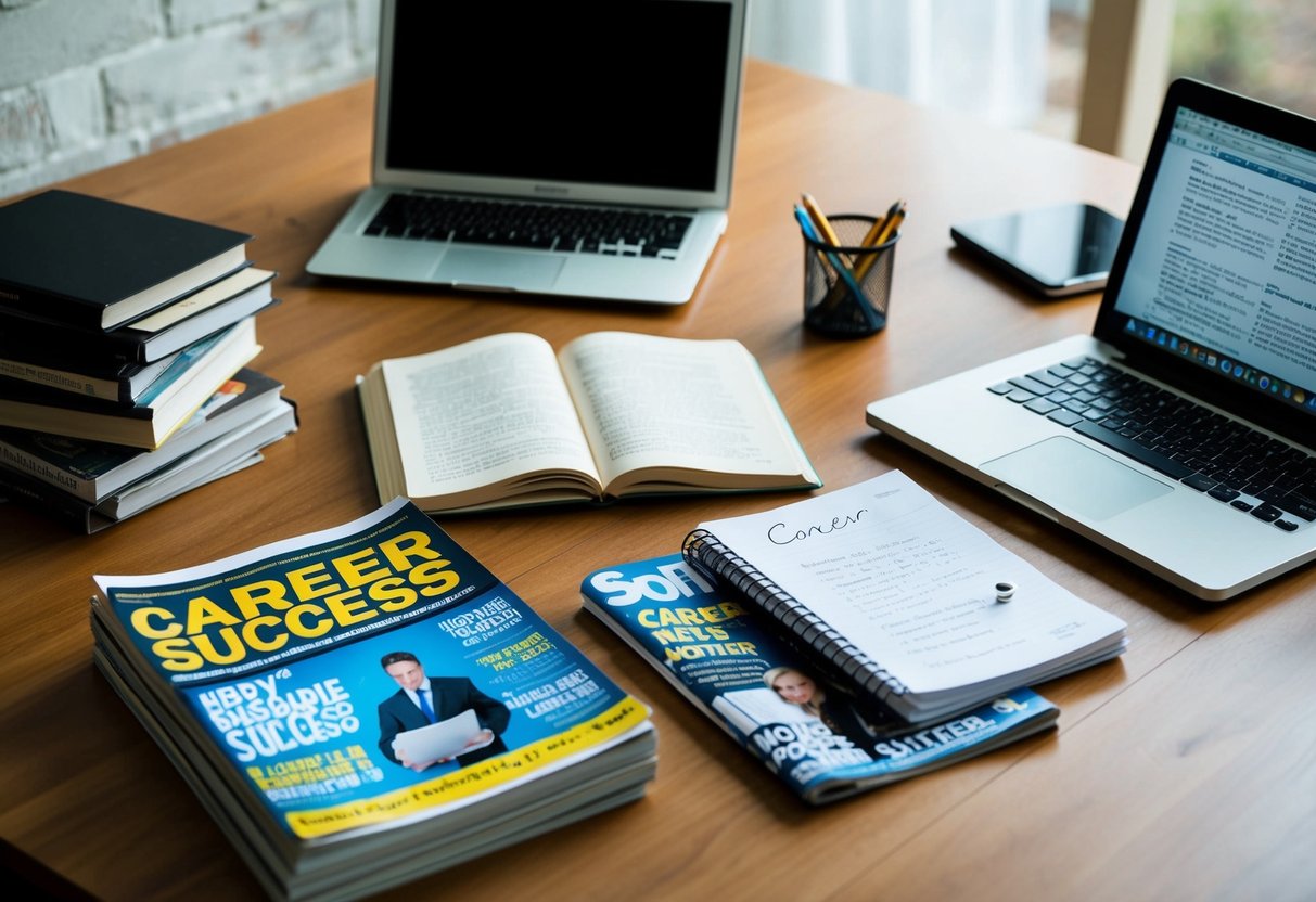 A desk cluttered with open books, a laptop, and a notepad filled with scribbled notes. A stack of magazines on the floor with headlines about career success