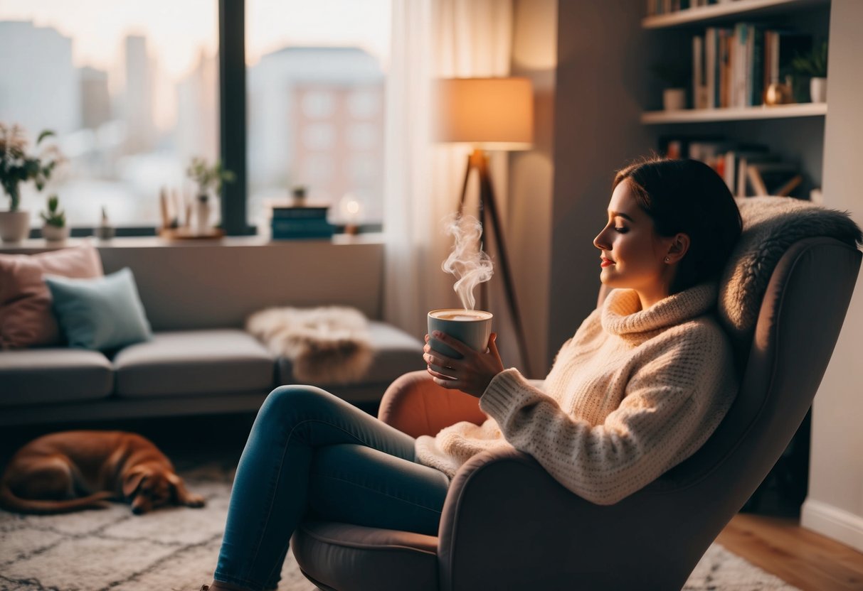 A person sitting in a cozy chair with a hot drink, surrounded by books and calming decor, while a pet sleeps nearby