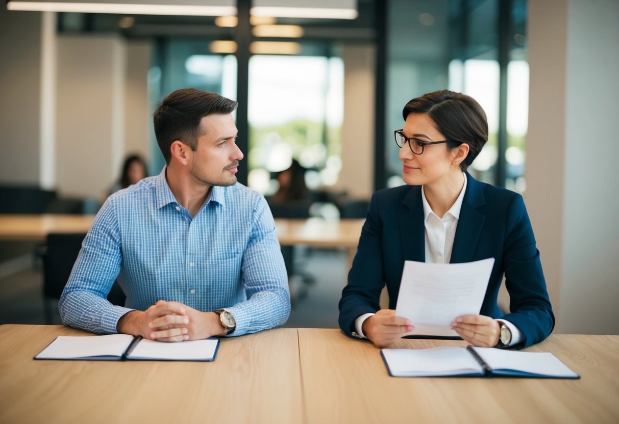 A table with two people sitting across from each other, one holding a list of questions while the other listens attentively