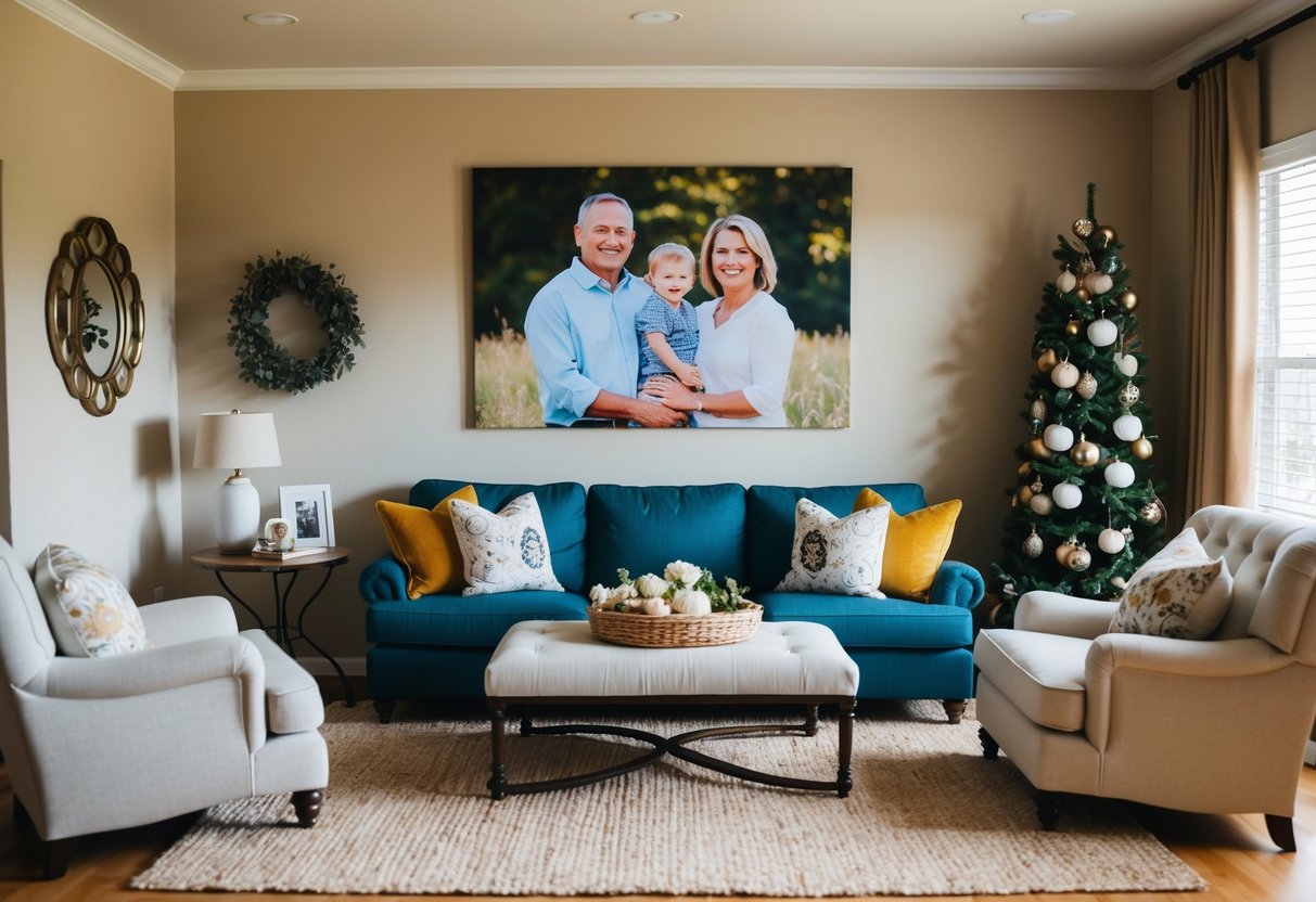 A cozy living room with a large family portrait on the wall, surrounded by comfortable seating and warm, inviting decor