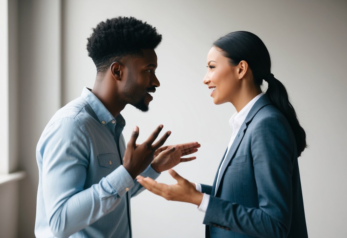 Two figures facing each other, gesturing and speaking with animated expressions. A calm setting with neutral colors and open body language