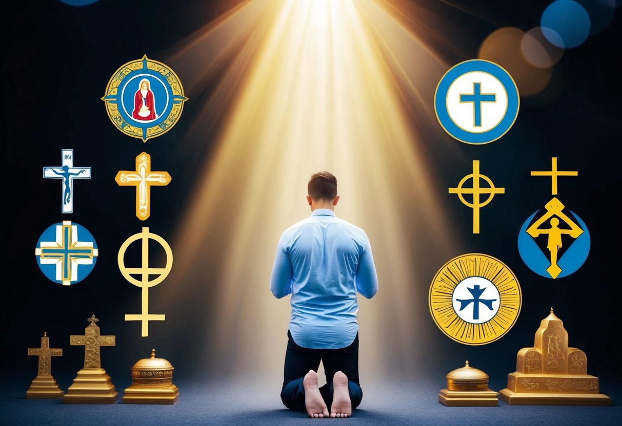 A person kneeling in prayer, surrounded by symbols of different religions, with a beam of light shining down from above