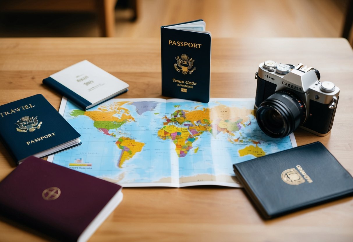 A map surrounded by travel guides, a passport, and a camera on a table