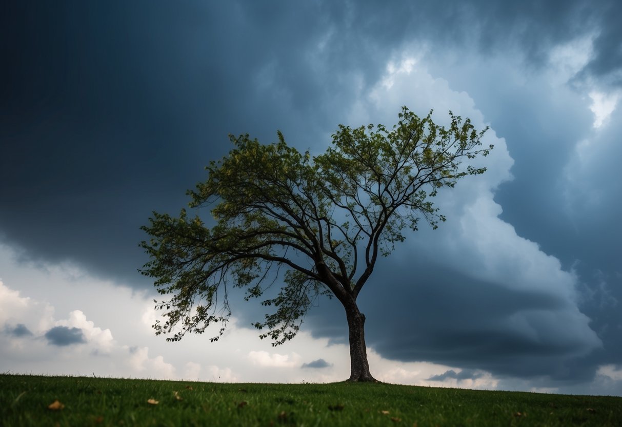 A tree bending in the wind, with leaves rustling and branches swaying, as dark clouds gather in the sky, creating an atmosphere of change and uncertainty