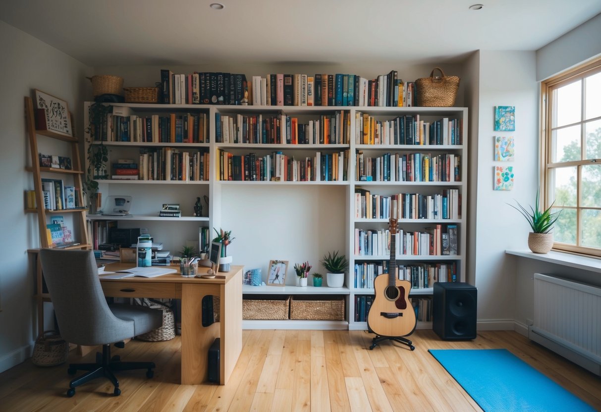 A cozy living room with a bookshelf filled with hobby-related books, a desk with art supplies, a guitar leaning against the wall, and a yoga mat in the corner