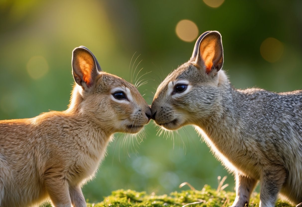 Two animals nuzzling each other affectionately in a peaceful, natural setting