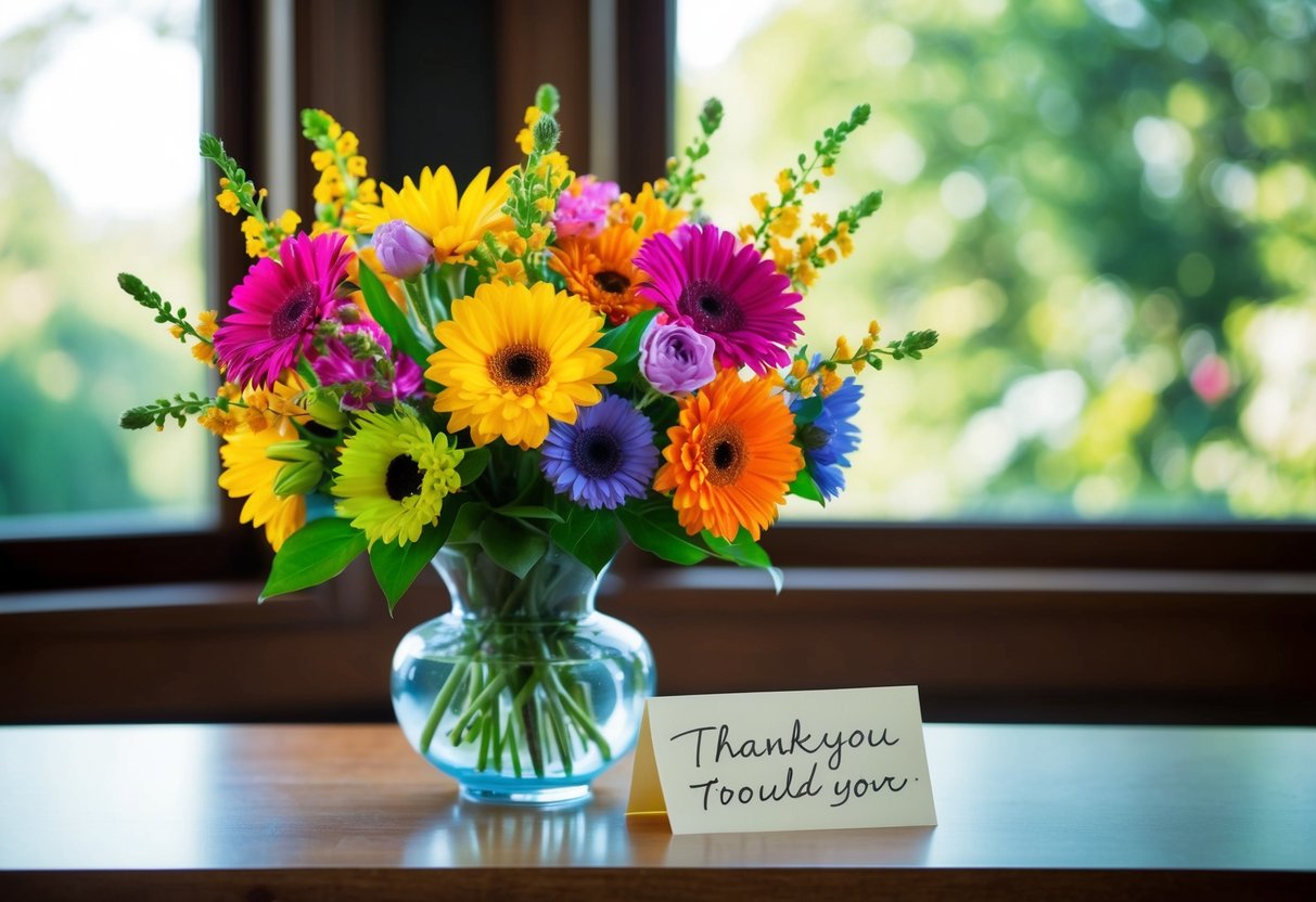 A bouquet of colorful flowers arranged in a vase, with a handwritten note of gratitude placed next to it