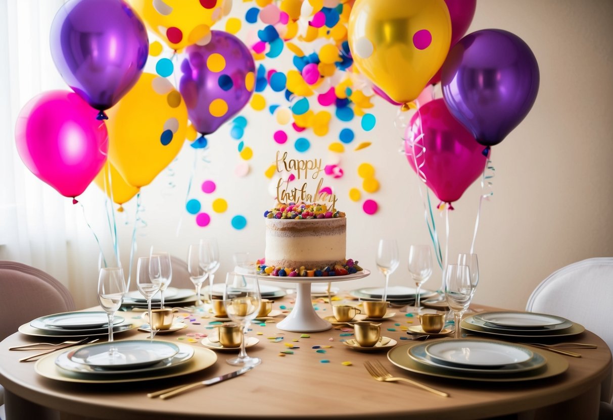 A festive table set with elegant dinnerware, surrounded by colorful balloons and confetti, with a celebratory cake in the center