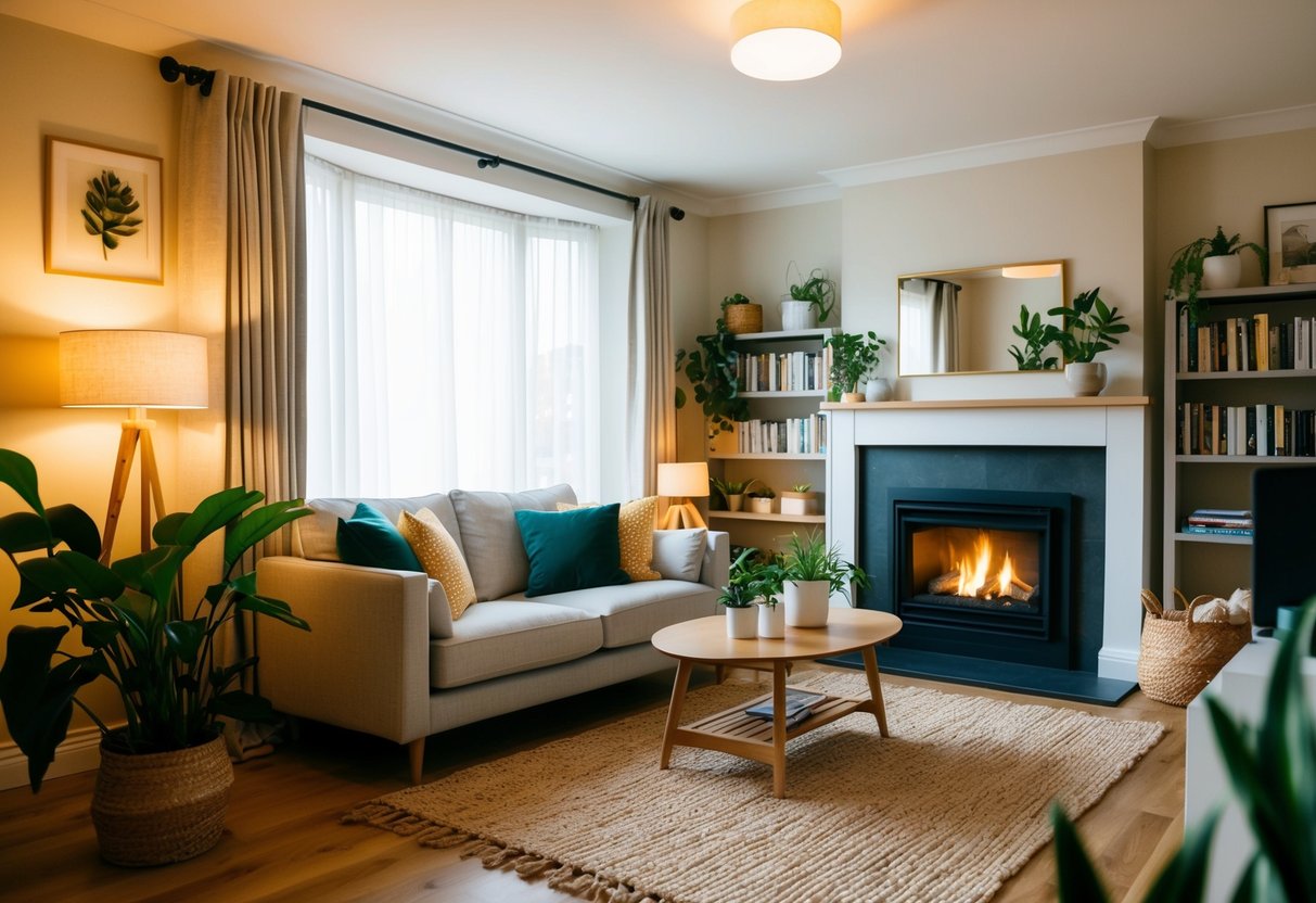 A cozy living room with a bookshelf, plants, and a comfortable sofa. A warm glow from the fireplace creates a relaxed and inviting atmosphere