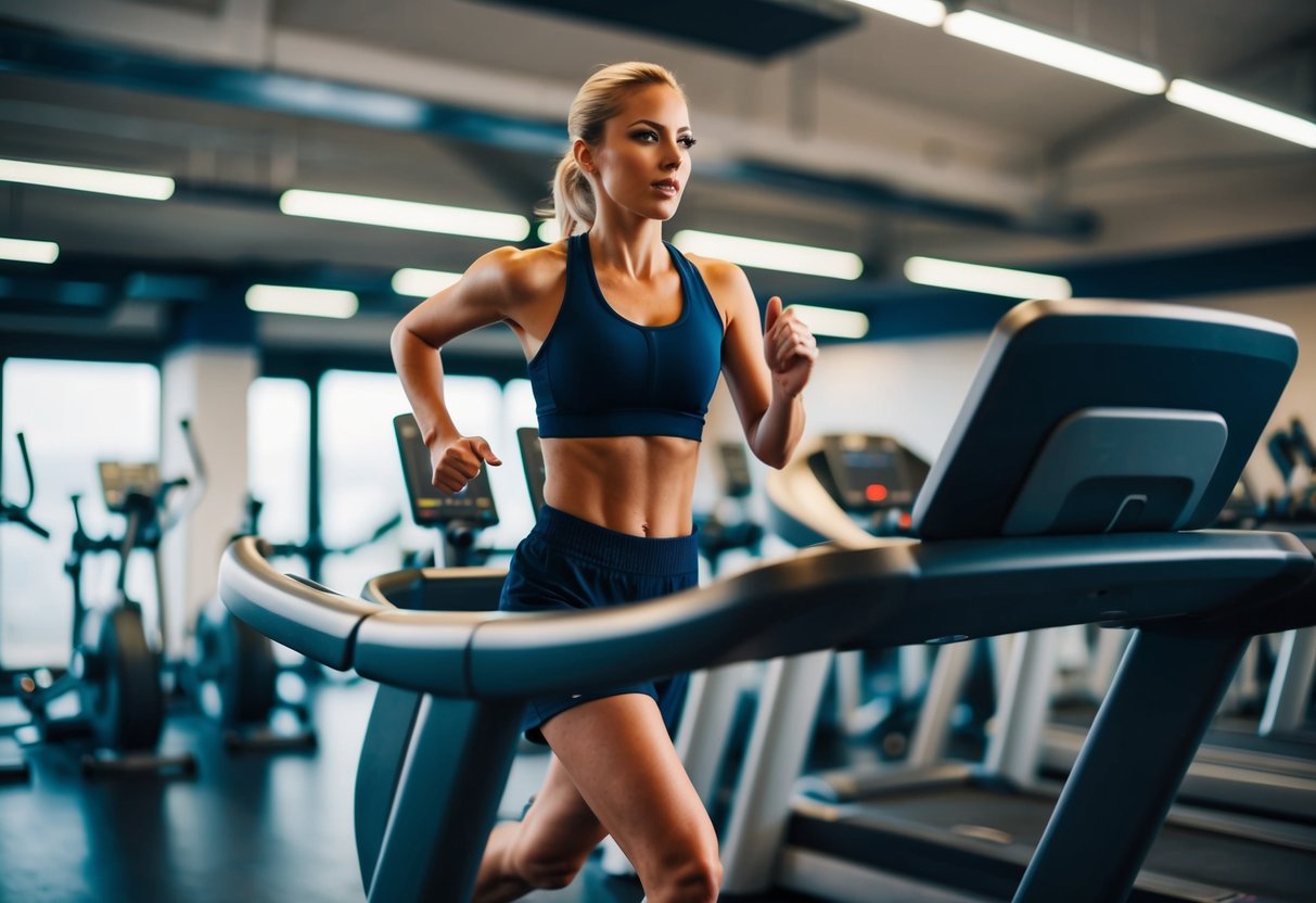 A person running on a treadmill with various gym equipment in the background