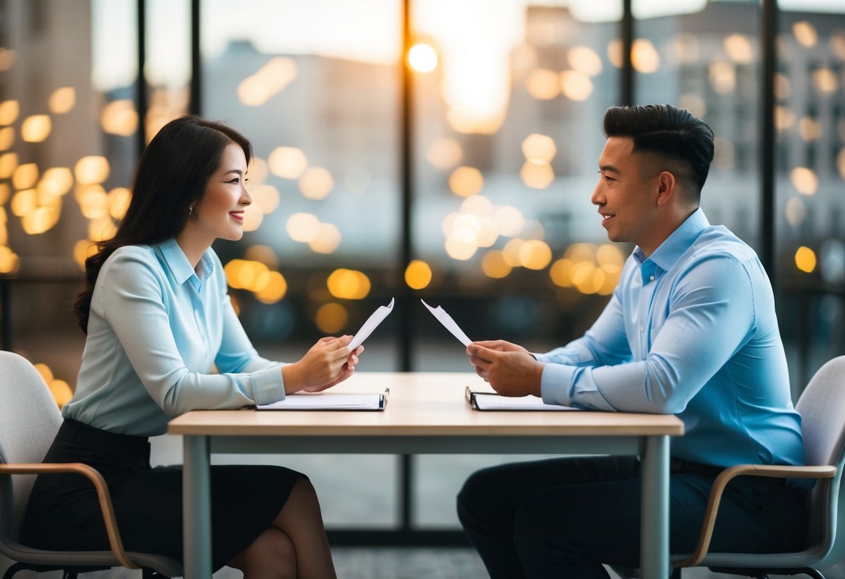 A table with two people sitting across from each other, asking and answering questions from a list