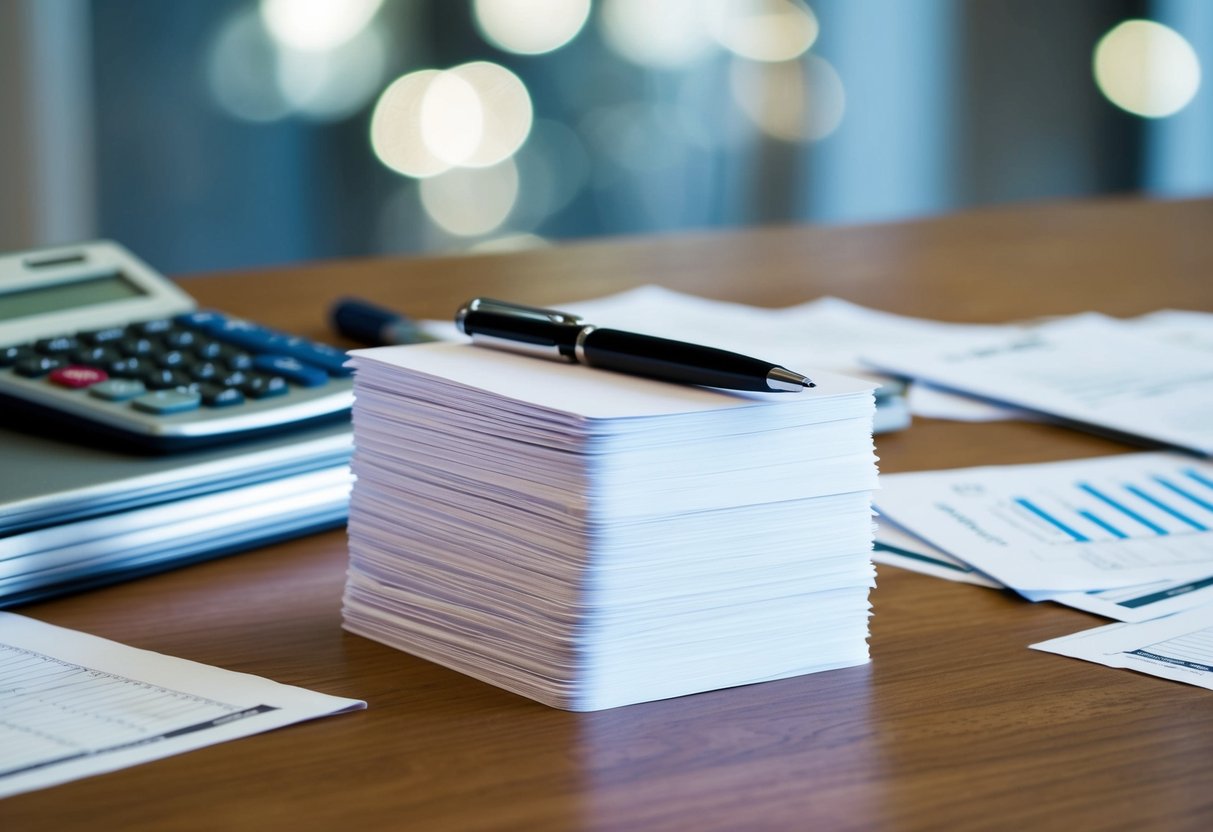 A stack of question cards arranged neatly on a wooden table, with a pen resting on top. A calculator and financial documents scattered in the background