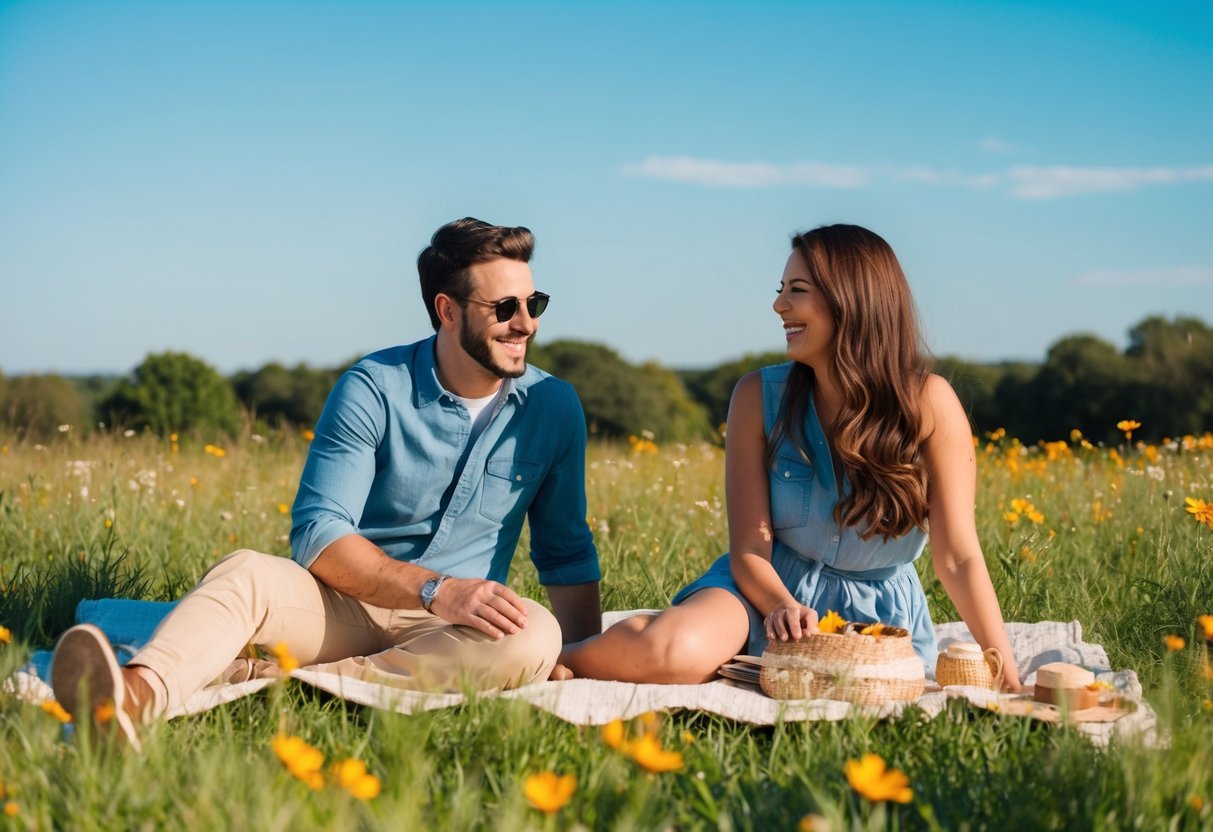 A couple sitting on a blanket in a grassy field, surrounded by wildflowers and a clear blue sky. They are laughing and enjoying a picnic together