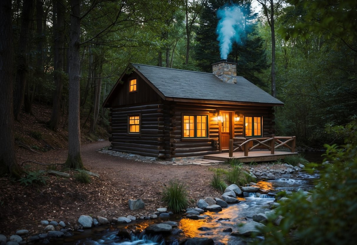 A cozy, rustic cabin nestled in a wooded area with a small stream running nearby. A warm, inviting glow emanates from the windows, and a smoke rises from the chimney