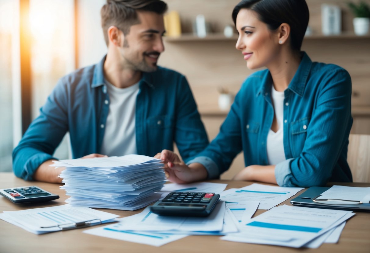 A couple sits at a table, discussing finances. A stack of papers and a calculator are spread out in front of them, as they weigh the pros and cons of joint bank accounts