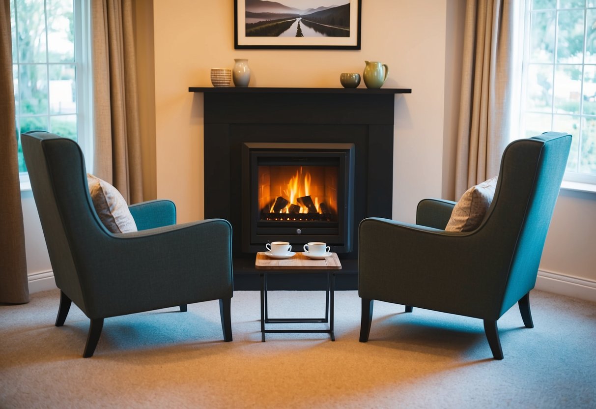 A cozy living room with two chairs facing each other, a warm fireplace, and a small table set with two cups of tea