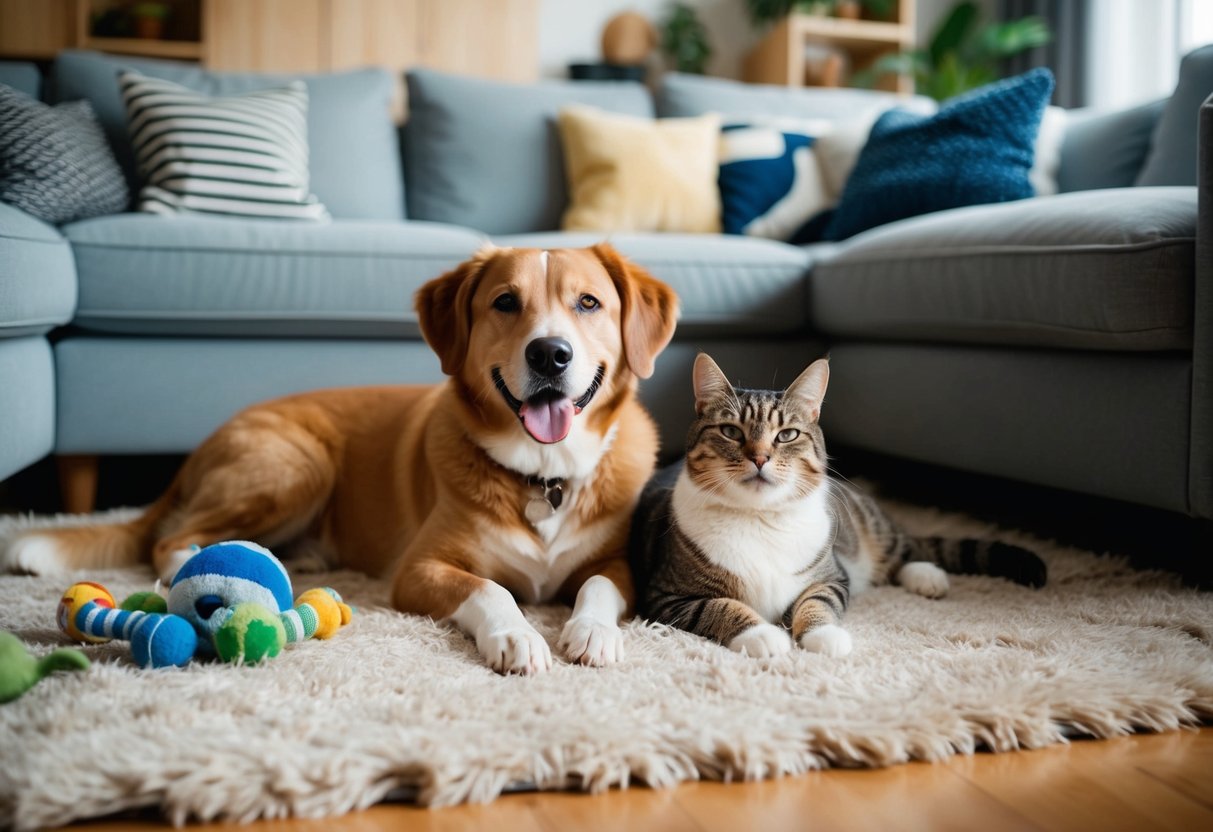 A cozy living room with a smiling dog and a contented cat lounging on a plush rug, surrounded by toys and pet accessories