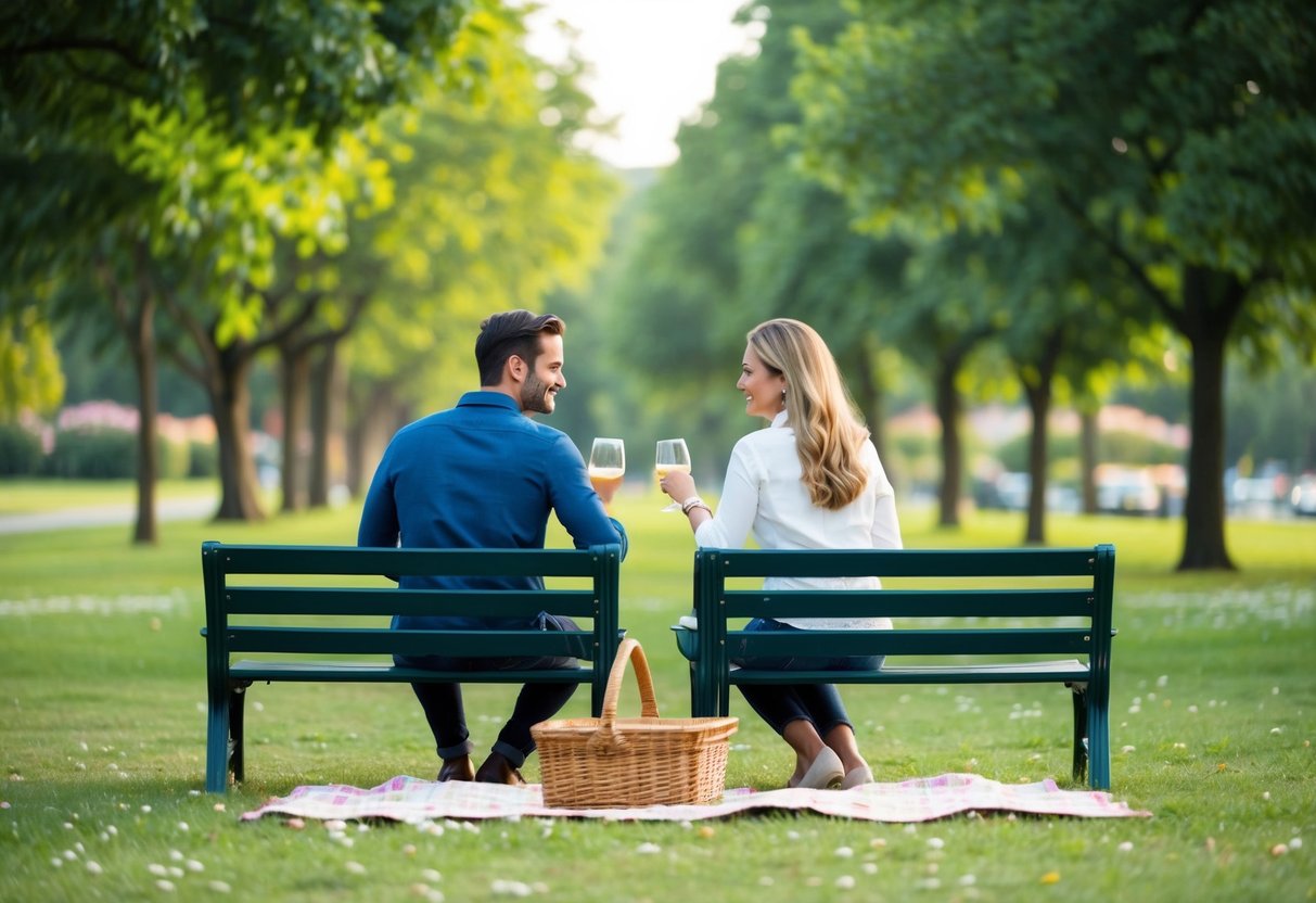 A couple sitting on a park bench, facing each other, with a picnic basket and a blanket spread out on the grass. They are engaged in deep conversation, surrounded by trees and flowers