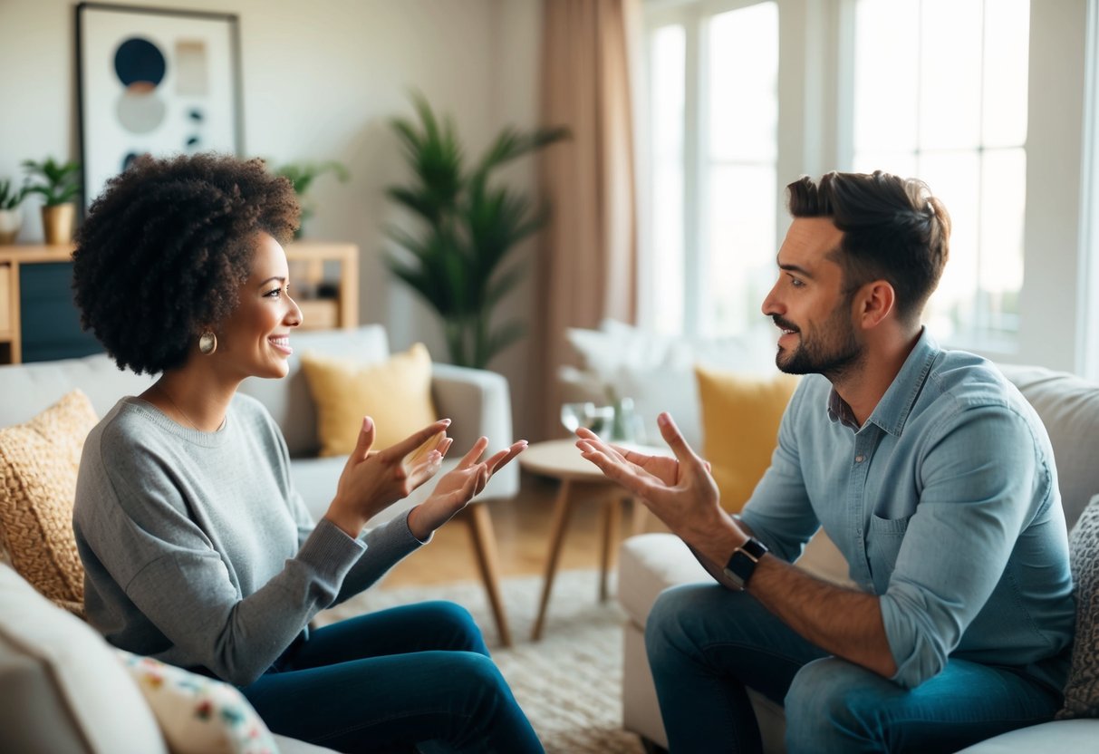 A cozy living room with two people sitting across from each other, asking each other questions from a list. A warm, inviting atmosphere with a focus on open communication