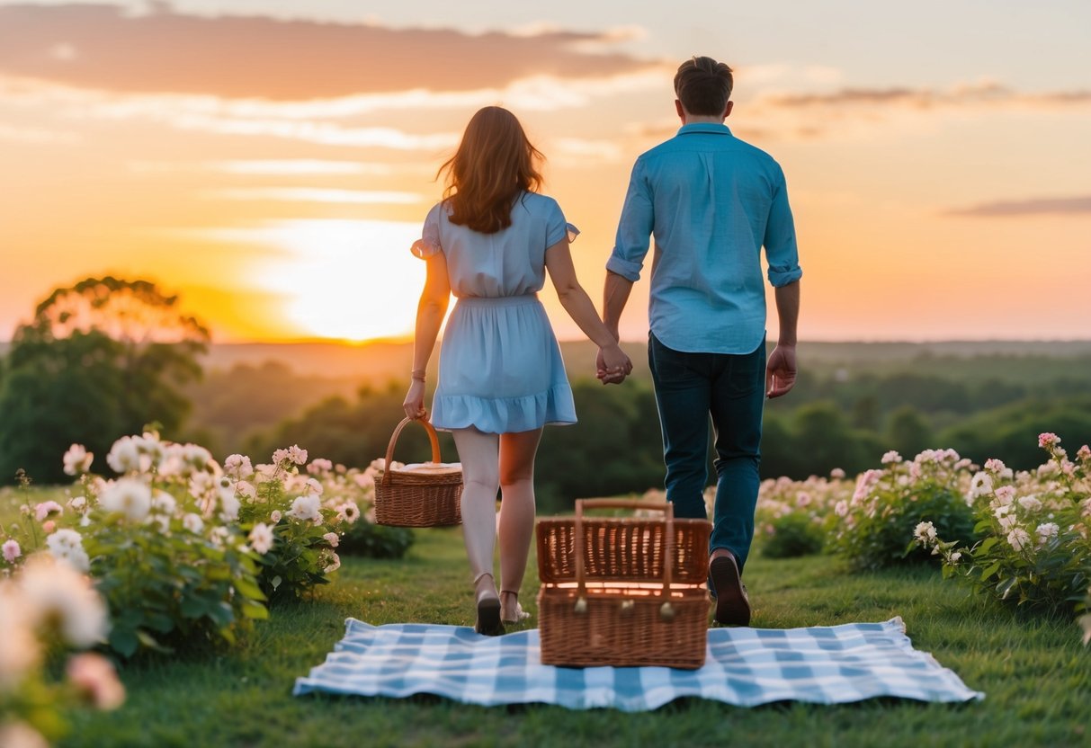 A couple walking hand in hand towards a sunset, with a picnic basket and blanket laid out in front of them, surrounded by blooming flowers