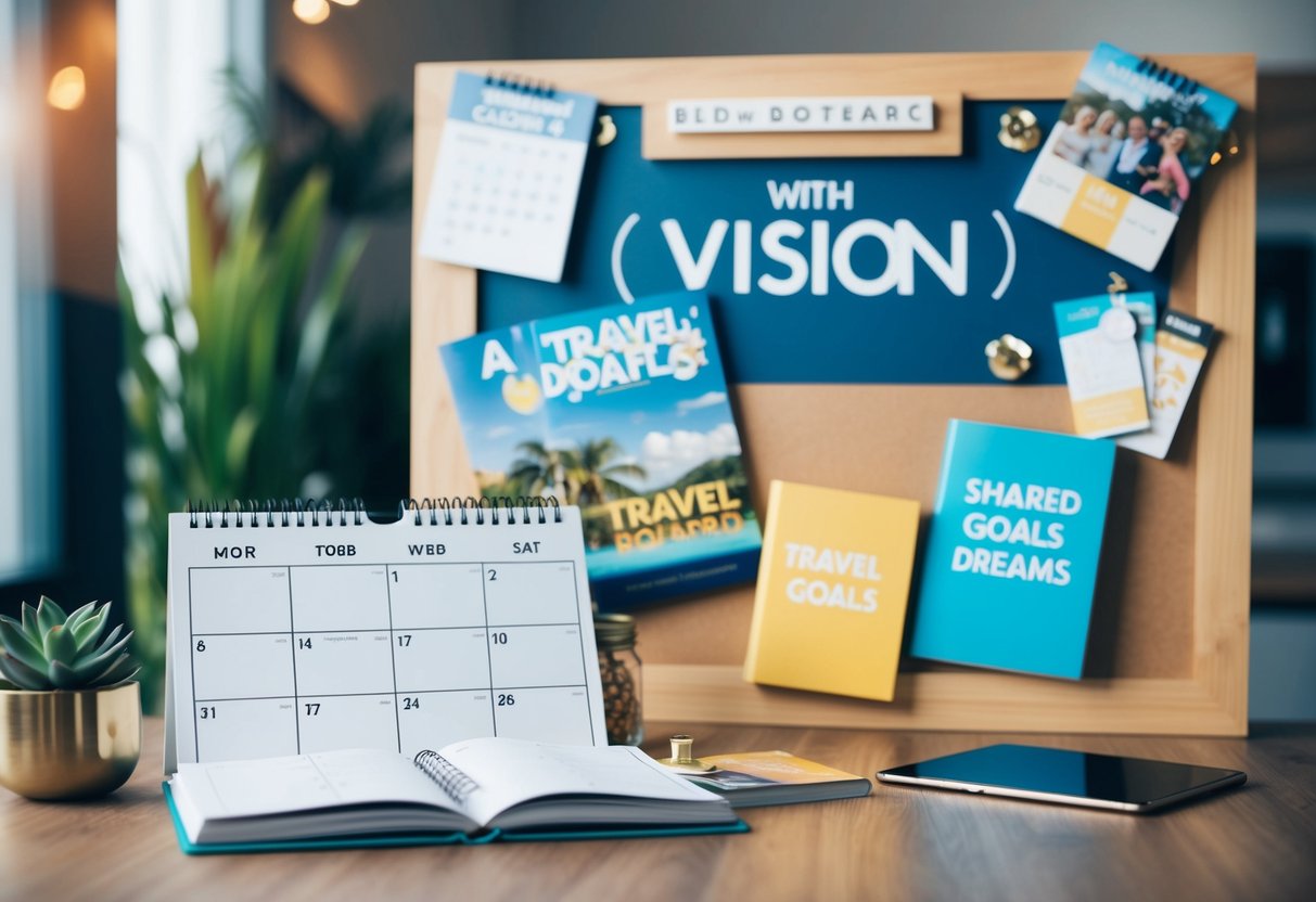 A couple's calendar with marked dates, travel brochures, and a vision board with shared goals and dreams