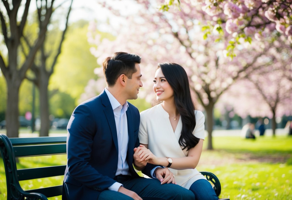 A couple sitting on a park bench, surrounded by blooming flowers and trees, with the man tenderly holding the woman's hand