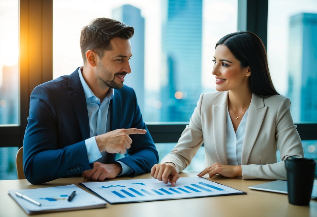 A couple sits at a table, pointing to a financial chart and discussing their future goals together