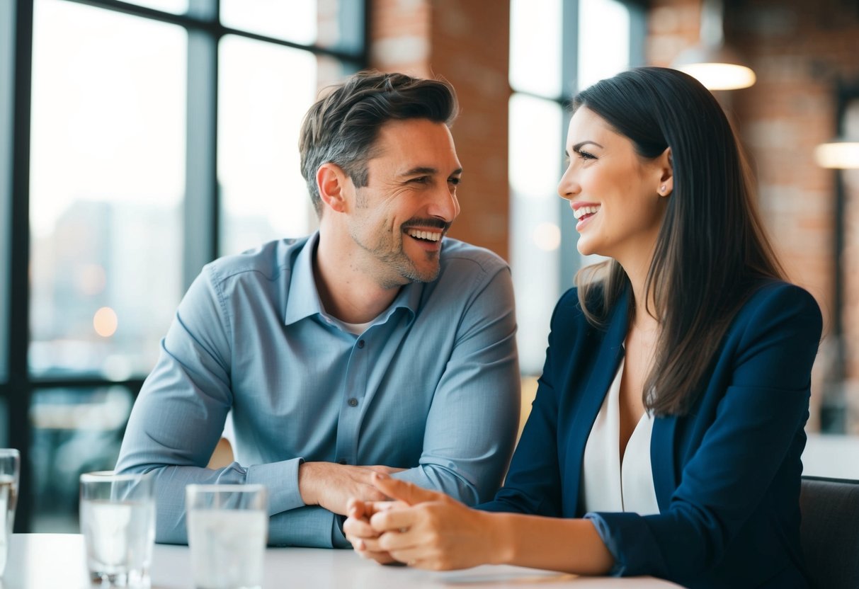 A man and woman sitting at a table, talking and laughing. The man is leaning in, making eye contact and smiling. The woman is engaged, nodding and smiling back