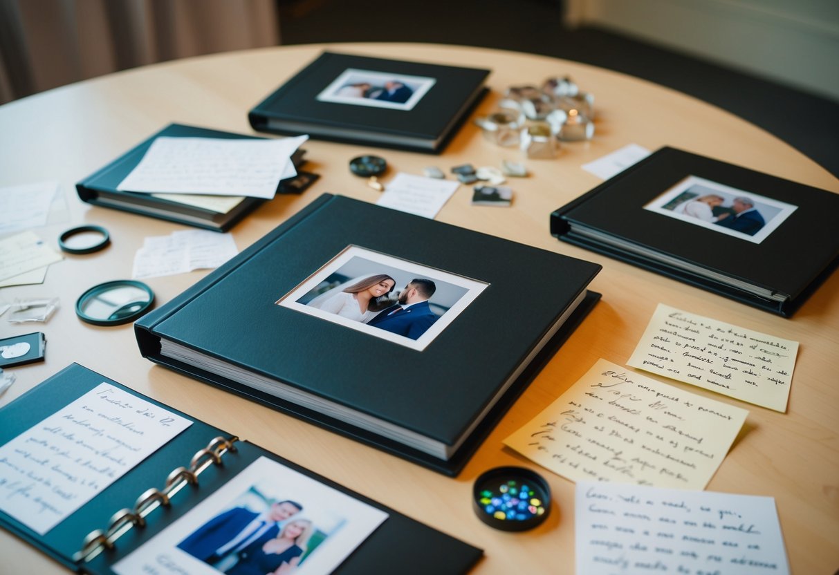 A couple's photo album with handwritten notes and mementos scattered on a table