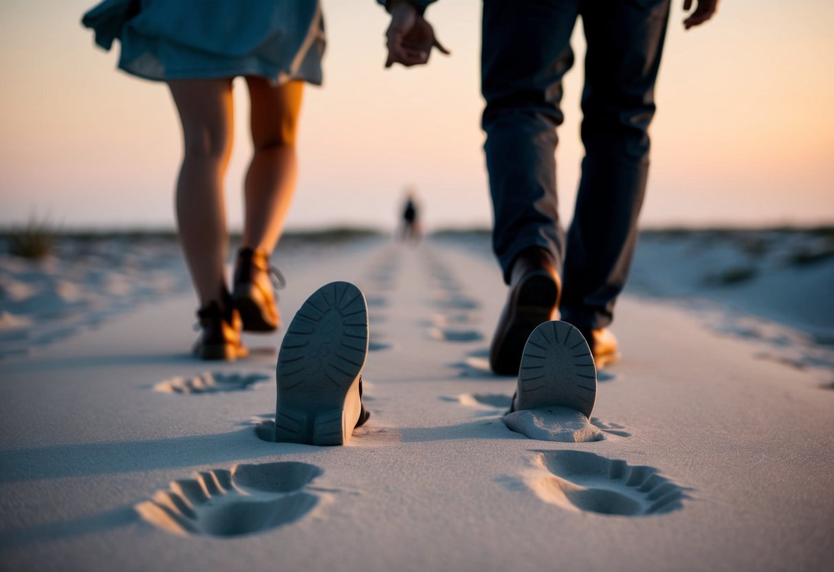 A couple's intertwined footprints leading towards a distant horizon, with one set of prints deep and purposeful, the other light and hesitant