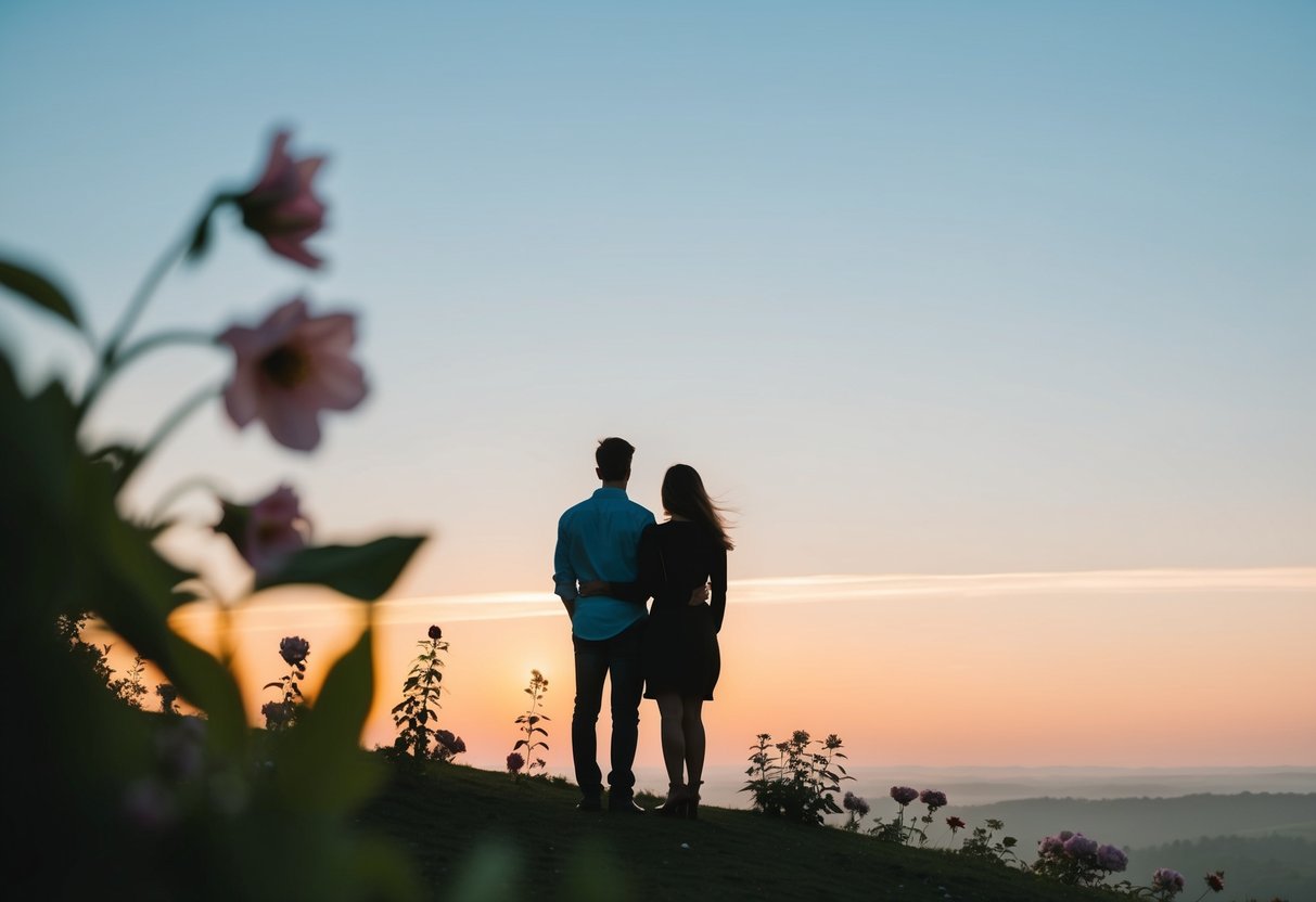 A couple's silhouette on a hill, looking at a sunset with a clear sky and a rainbow in the distance, surrounded by blooming flowers and a calm, serene atmosphere