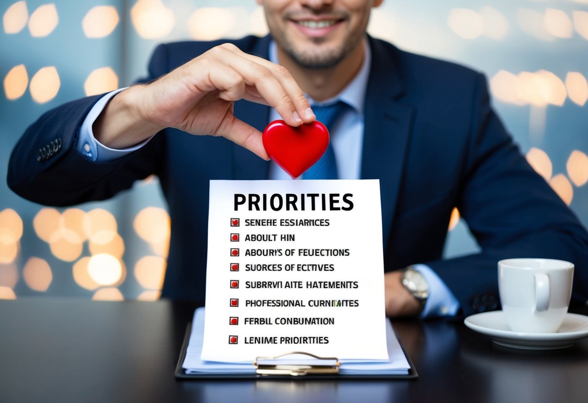 A man placing a heart-shaped symbol above a list of priorities