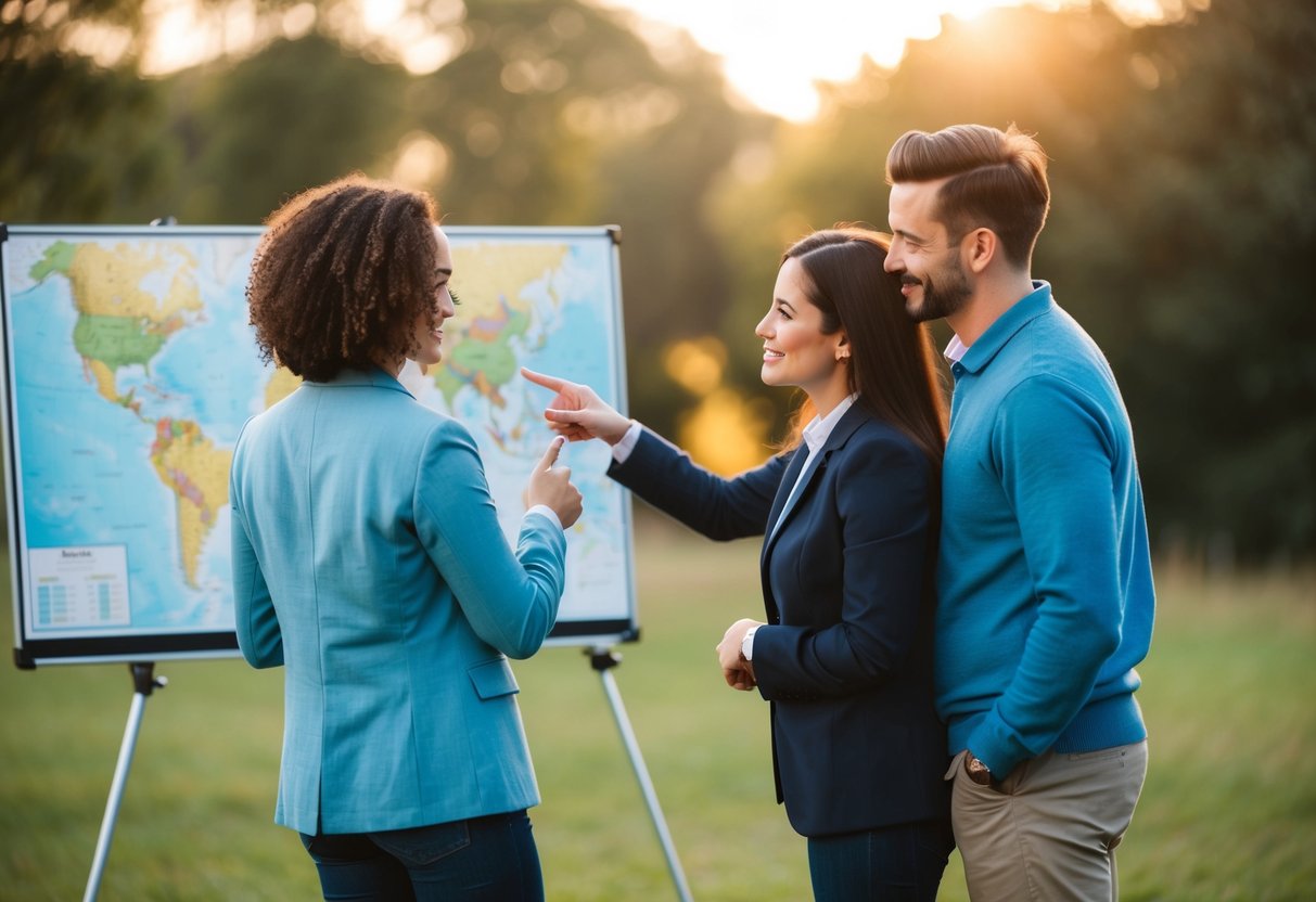 A couple standing together, pointing at a map, discussing future plans