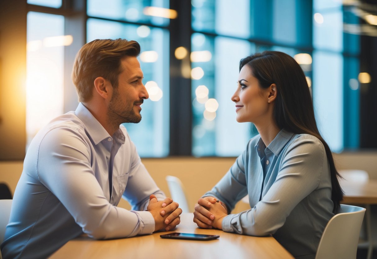 A man and woman sitting at a table, engaged in deep conversation, with the man leaning in and nodding attentively