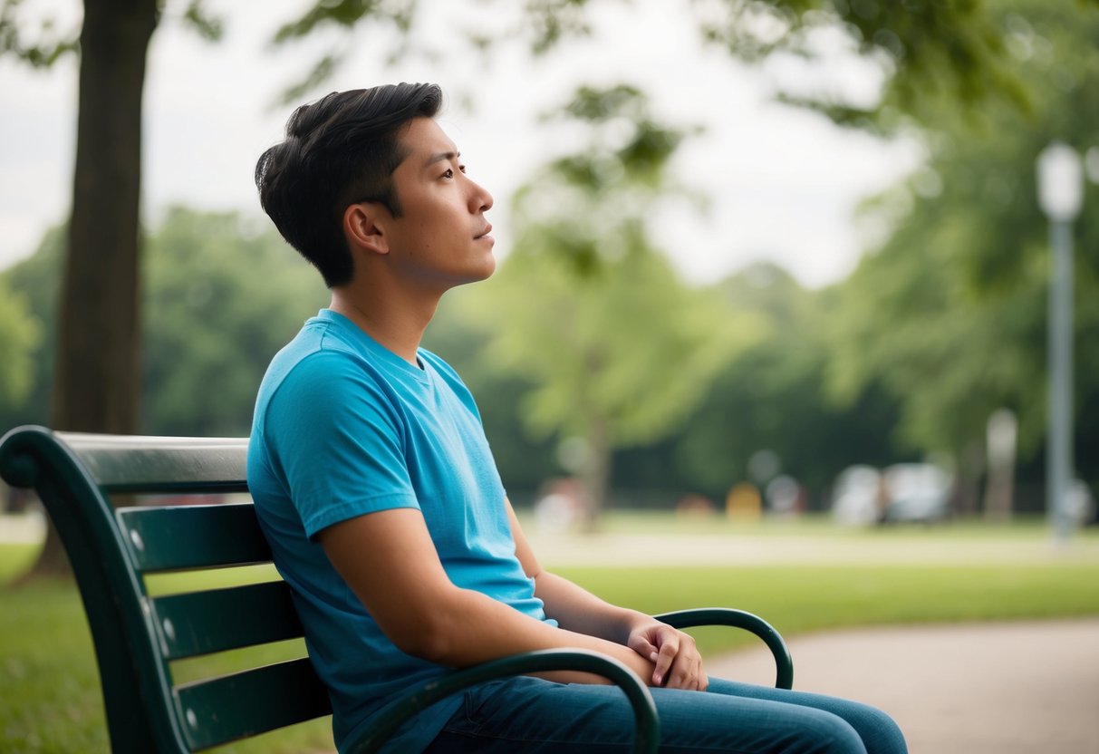 A person sitting alone on a park bench, looking off into the distance with a pensive and vulnerable expression