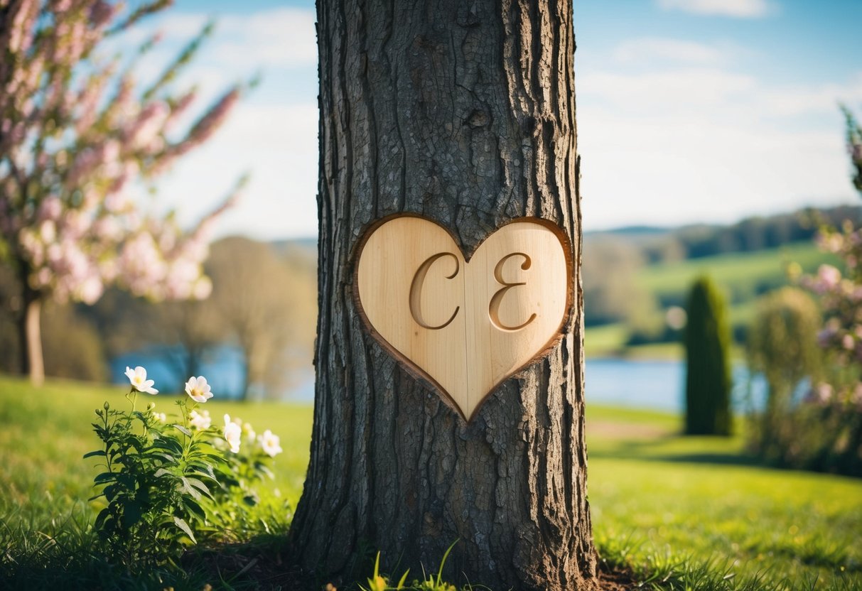 A couple's initials carved into a tree trunk, surrounded by blooming flowers and a serene, picturesque landscape