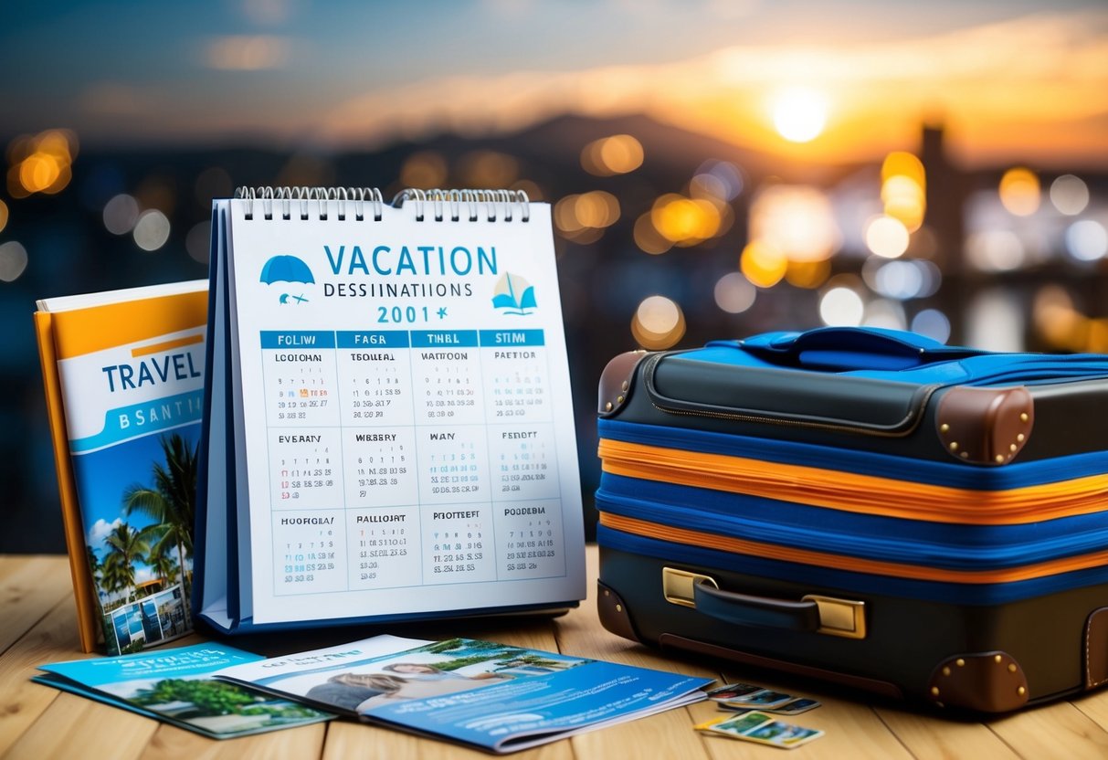 A calendar with vacation destinations marked in advance, surrounded by travel brochures and a suitcase packed with essentials