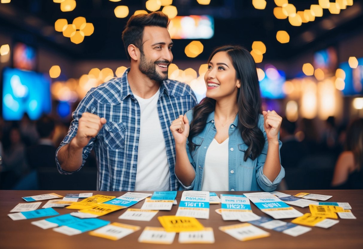 A man and woman standing together, surrounded by tickets to concerts, movies, and other events, with a look of excitement and anticipation on their faces