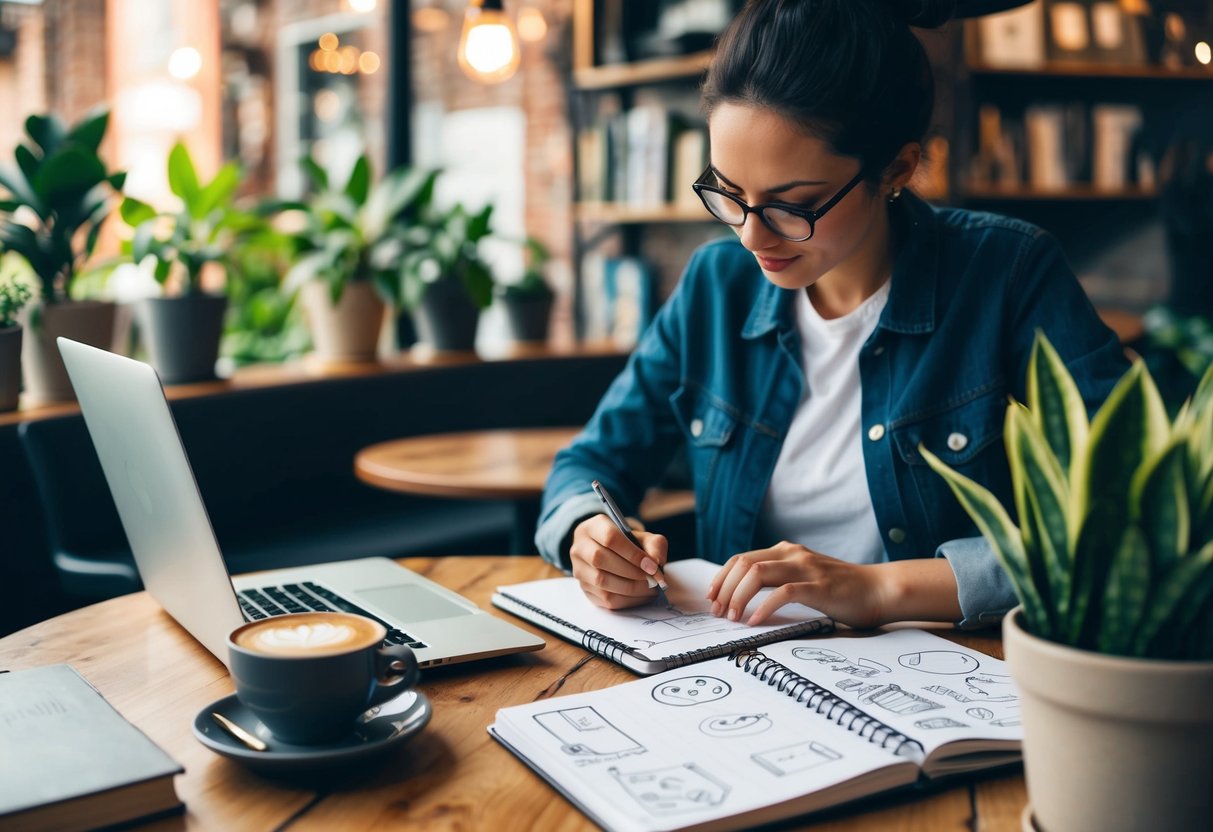 A person sketching in a cozy cafe, surrounded by books, plants, and a laptop. A cup of coffee sits on the table next to a notebook filled with doodles and ideas