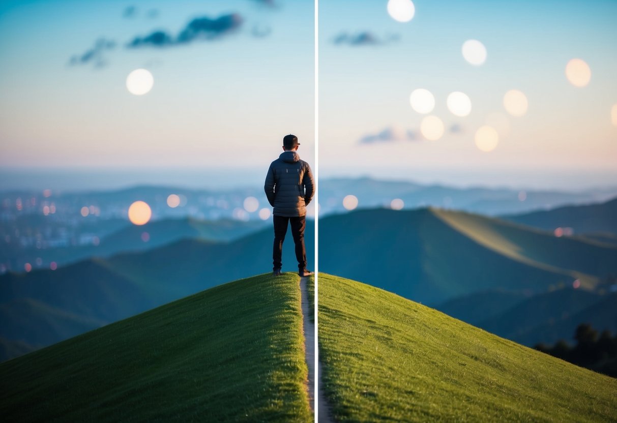 A person standing confidently on a hill, with a clear boundary line separating their dreams from the outside world