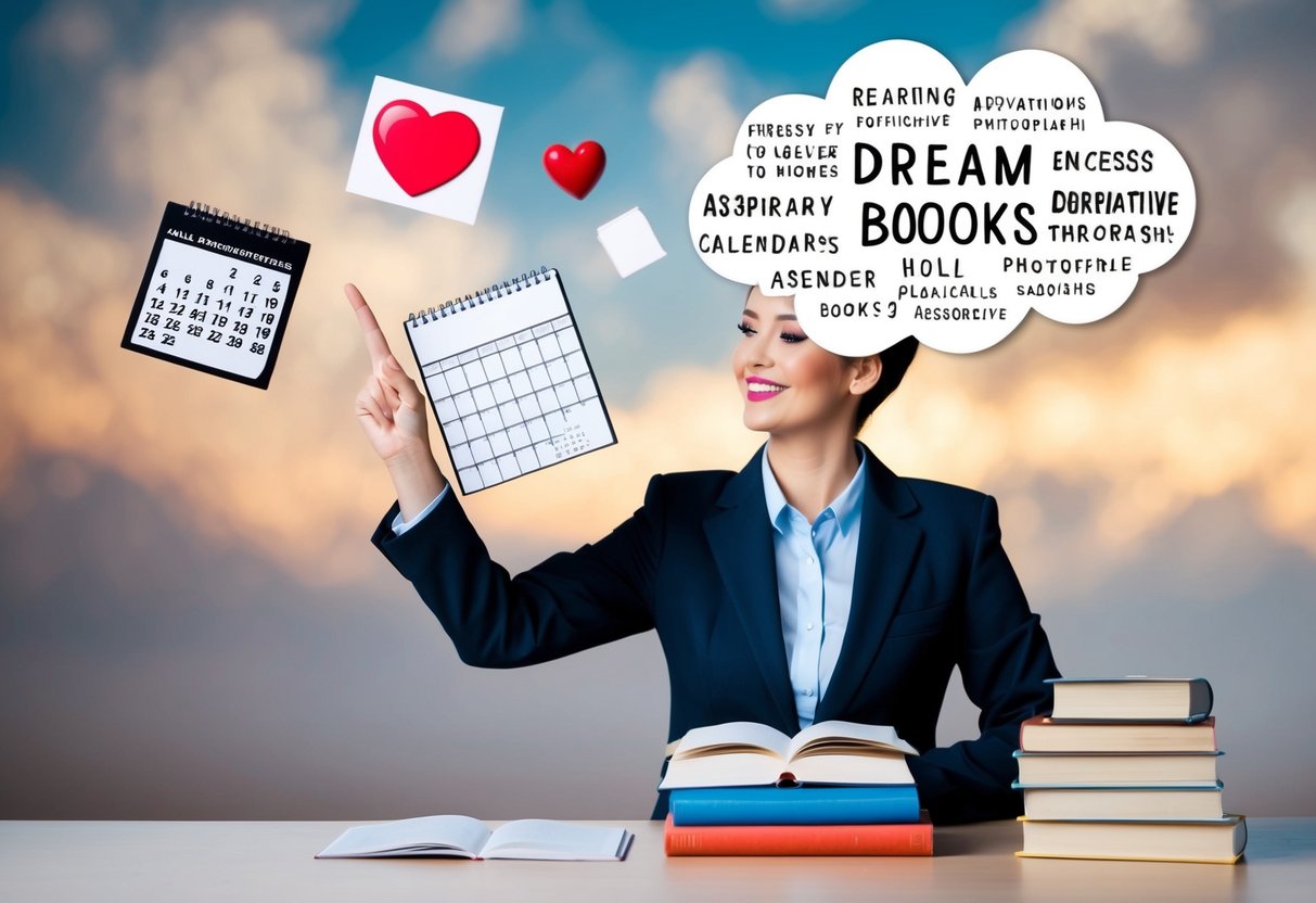 A person juggling a calendar, a heart, and a stack of books, with a dream bubble above their head filled with various aspirations