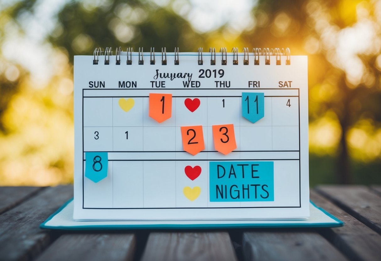 A couple's calendar with highlighted date nights and dream goals