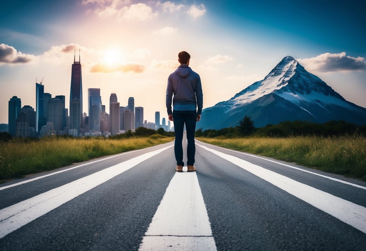 A person standing at a crossroads, one path leading to a city skyline and the other to a mountain peak, symbolizing the choice between dating and pursuing personal goals