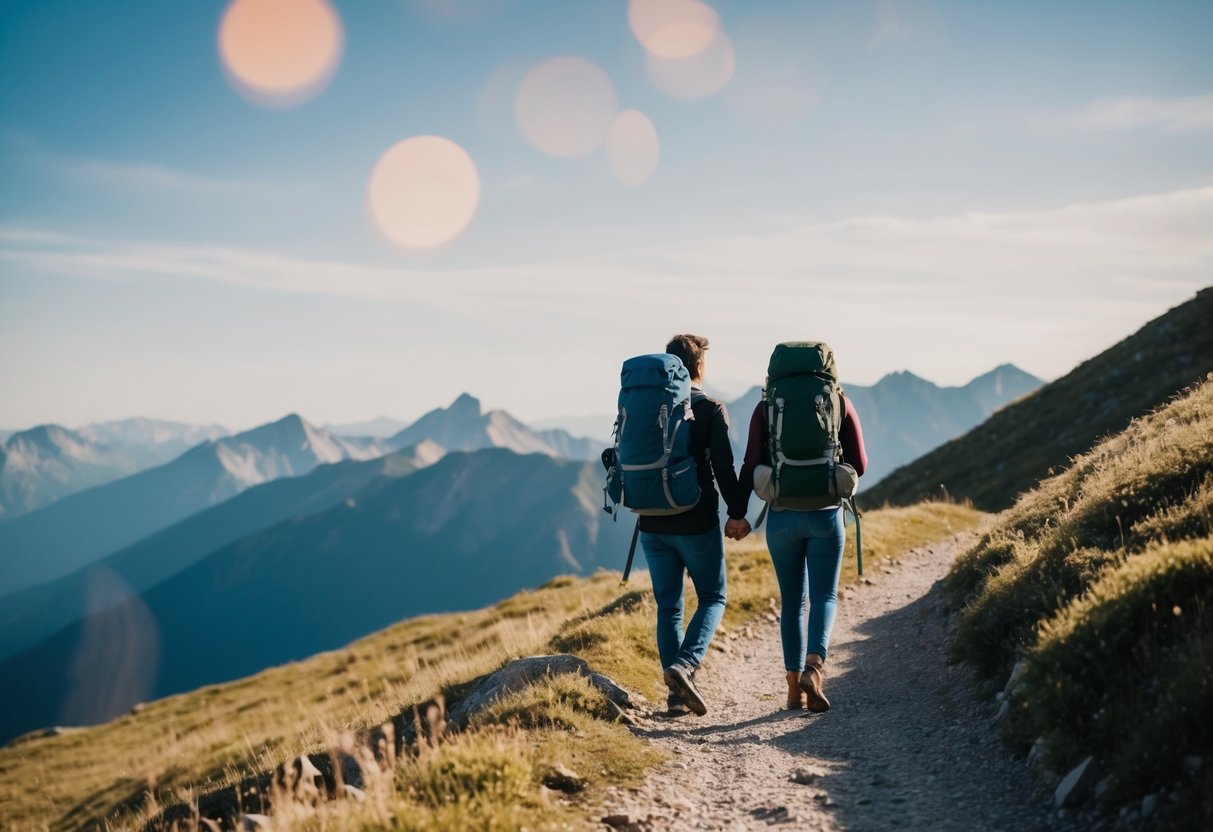 A couple hiking a mountain trail, carrying backpacks and enjoying the scenic view