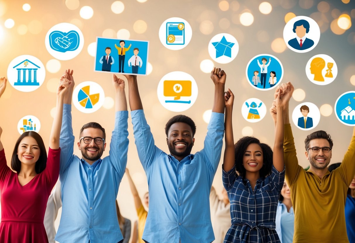 A group of diverse individuals raising their arms in celebration, surrounded by symbols of personal achievements and dreams