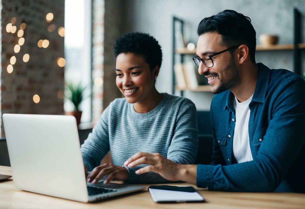 A person working on their laptop while their partner looks on, offering encouragement and support