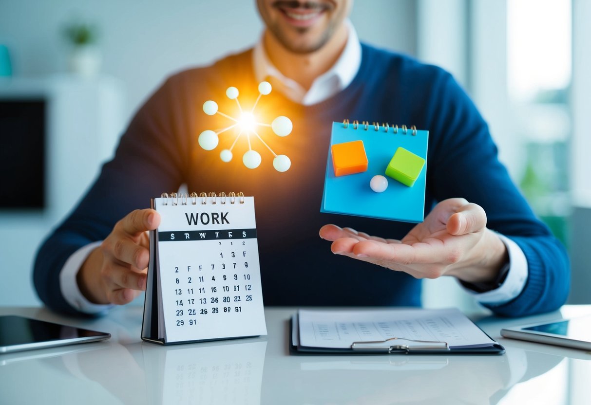 A person juggling work and play, with a calendar and a fun activity on opposite sides, representing the balance between career and personal life