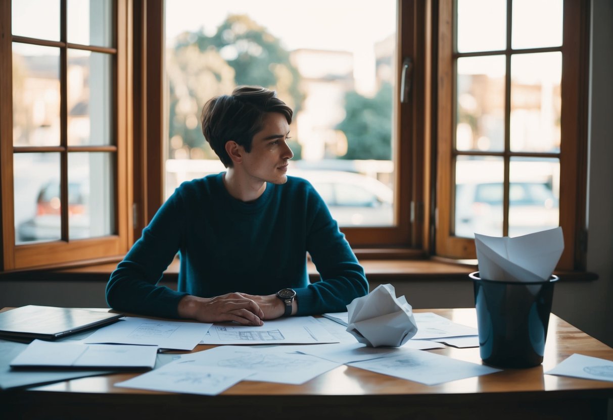 A person sitting at a desk, surrounded by sketches and doodles, with a crumpled piece of paper in the trash can. The window is open, letting in a warm breeze