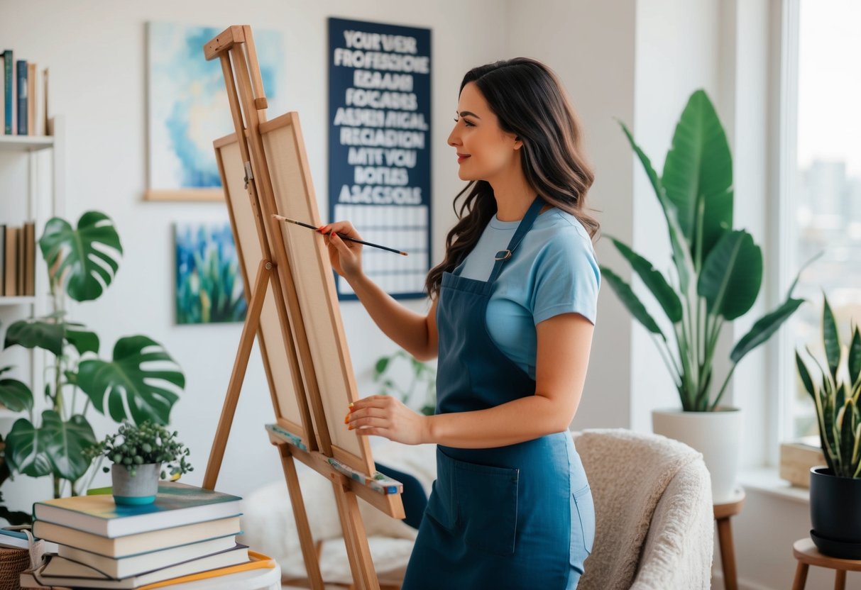 A woman painting at an easel surrounded by books, plants, and a cozy chair, with a vision board of her dreams and aspirations on the wall